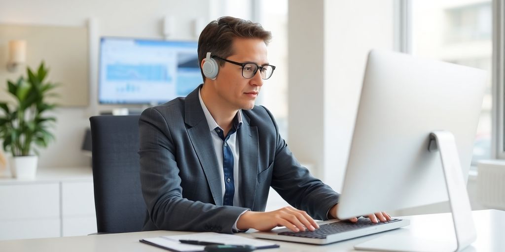 Accountant using a laptop in a modern office.