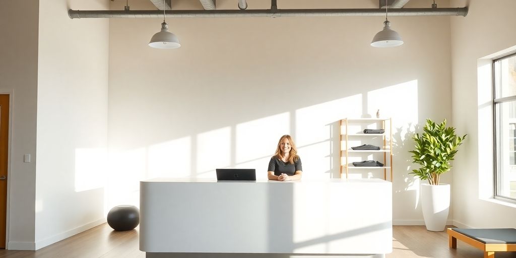 Pilates studio interior with a smiling person at a desk.