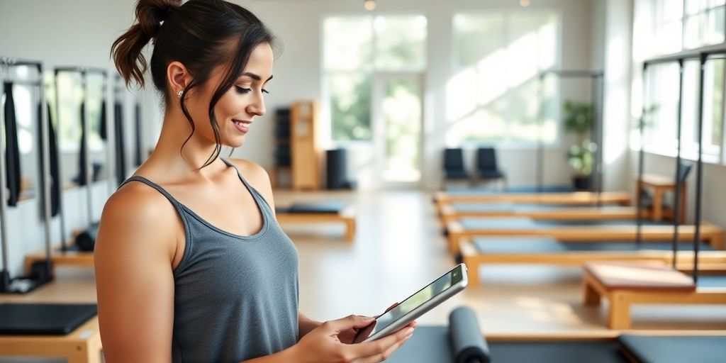 Pilates studio interior with a woman smiling at a tablet.