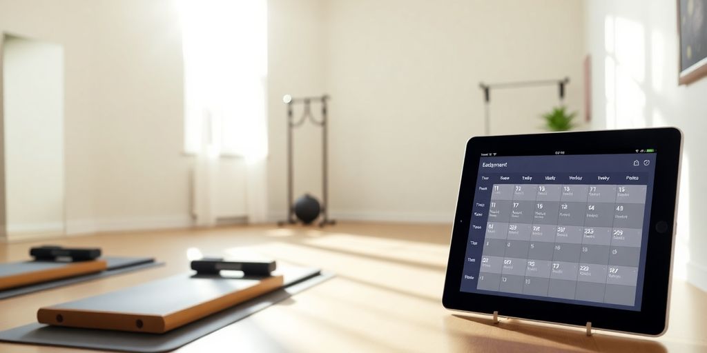 Pilates studio booking screen on a tablet.