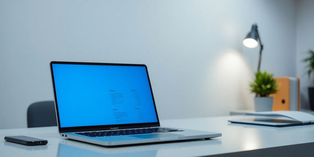 Accountant using laptop with virtual receptionist.