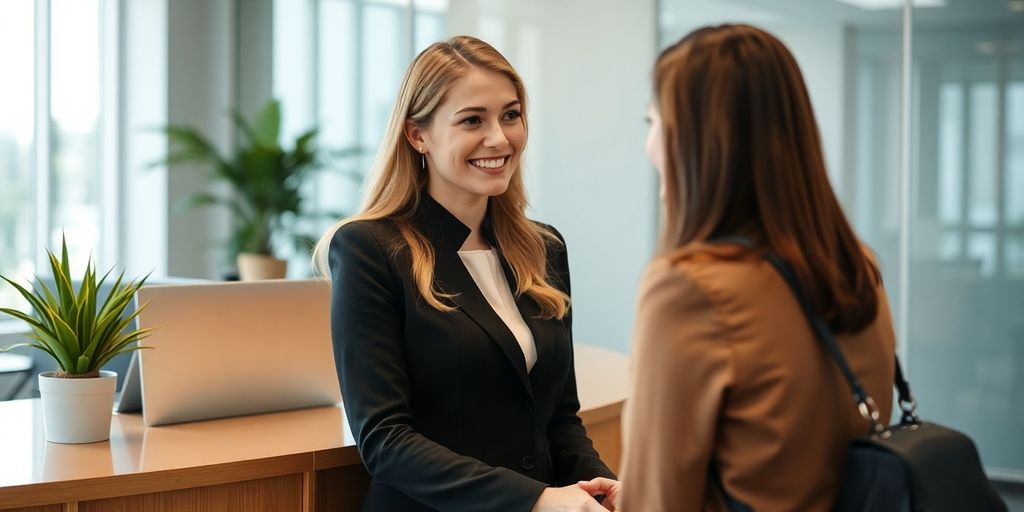 Smiling professional talking on phone near modern desk.