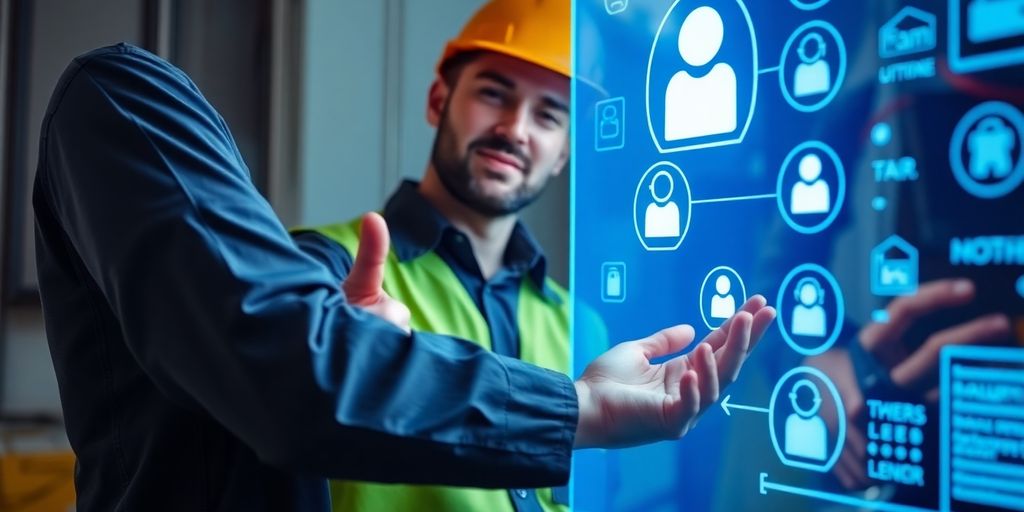 Electrician with virtual receptionist on screen.