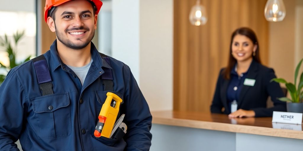 Electrician working with tools and a friendly receptionist.