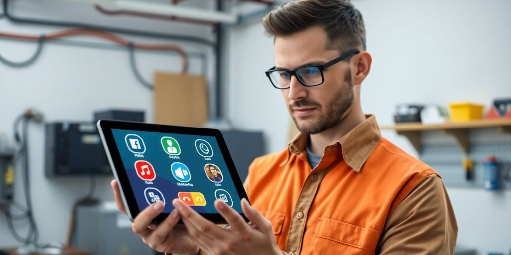 Electrician using tablet with call center icon.