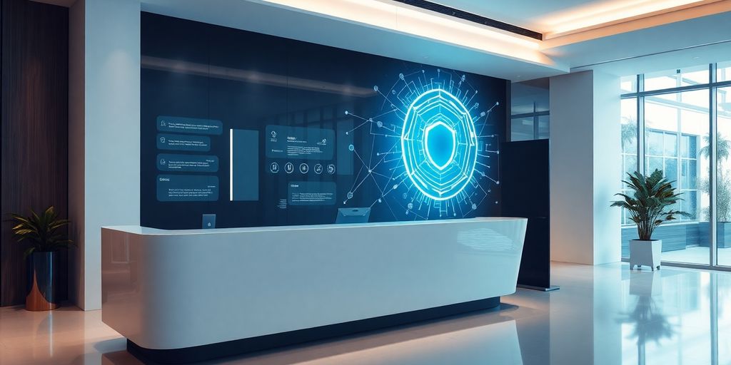 AI front desk interacting with holographic interface.