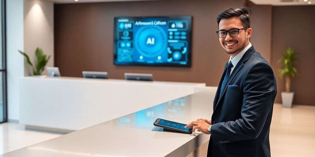 AI receptionist interacting with a modern lobby.