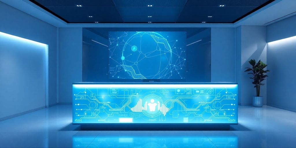 AI front desk interface with glowing digital elements.