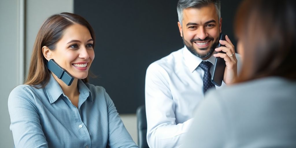 Tax preparer smiling while talking on phone.
