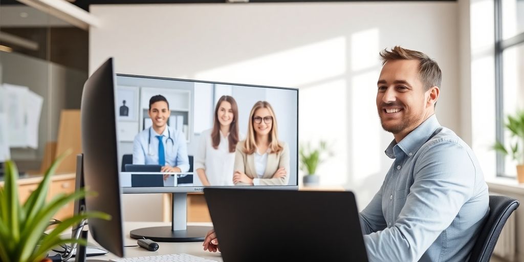 Tax preparer using a laptop with a friendly receptionist on a screen.