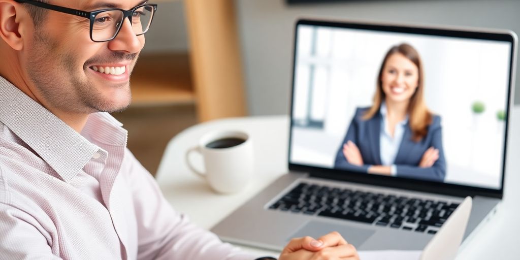 Tax preparer smiling with a virtual receptionist on screen.