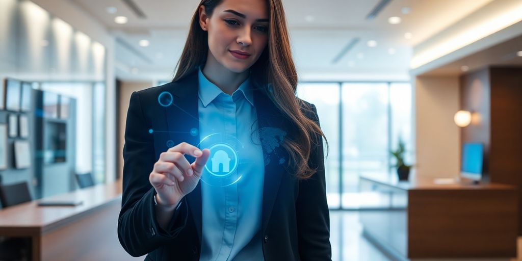 Modern office, receptionist interacting with AI.
