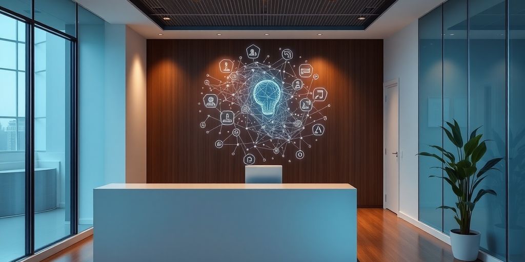 Law firm desk with modern AI receptionist.