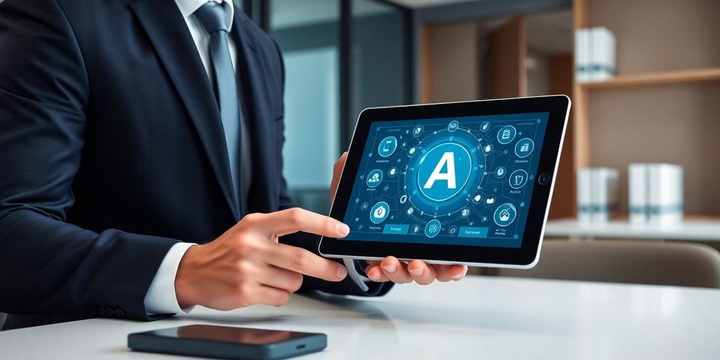 Lawyer using AI receptionist interface on tablet.