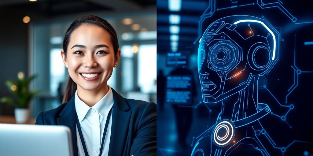 AI and human receptionists facing each other.