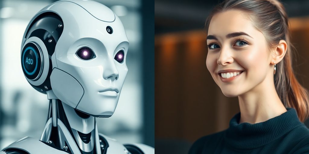 AI bot and human receptionist shaking hands.