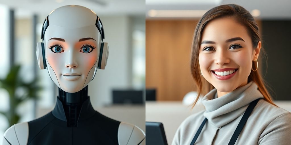 Robotic voice avatar and human receptionist side-by-side.
