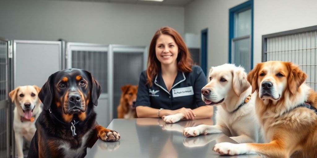 Smiling receptionist interacting with happy dogs at a kennel.