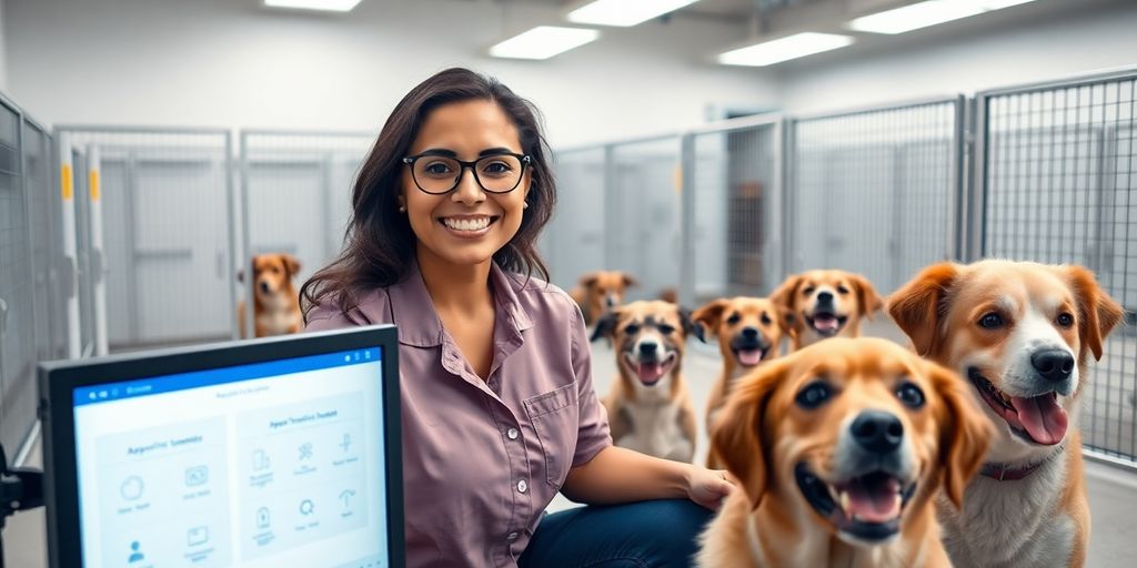 Person interacting with a computer at a pet kennel.