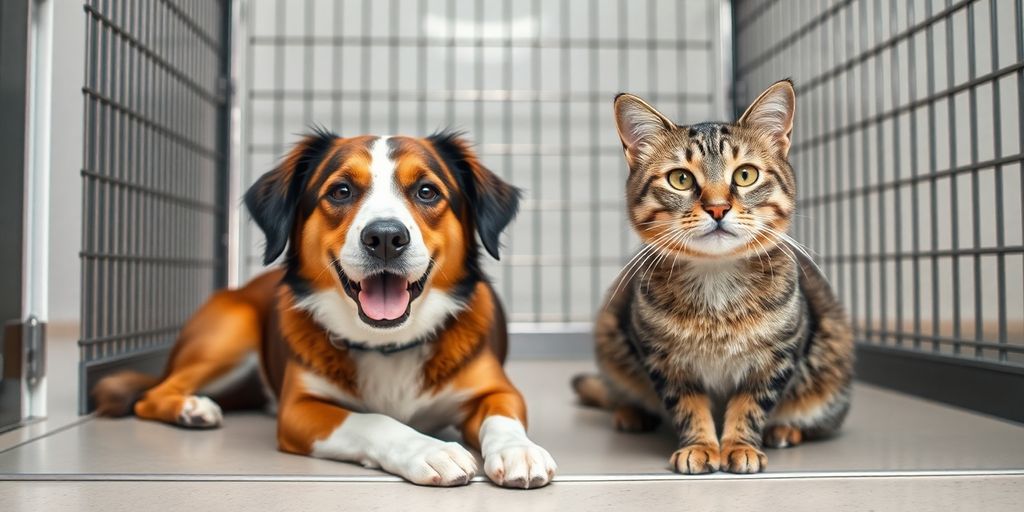 Dog and cat relaxing in a modern kennel.