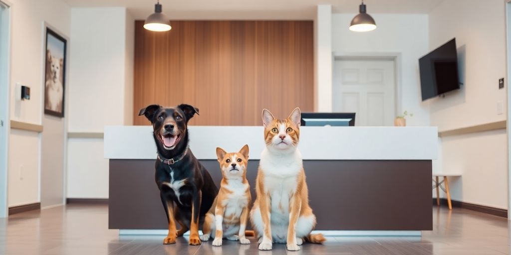 A happy dog and cat interacting at a clean, modern kennel desk.