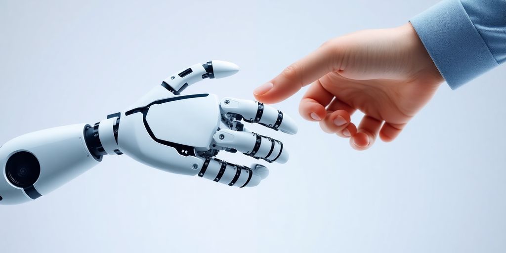 AI robot hand and human hand shaking.