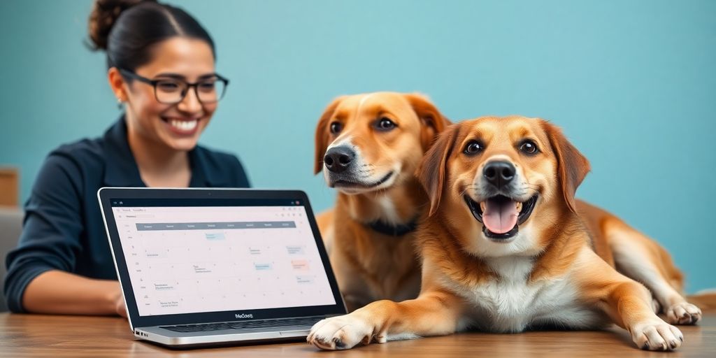 Dog daycare owner using a laptop connected to a calendar.