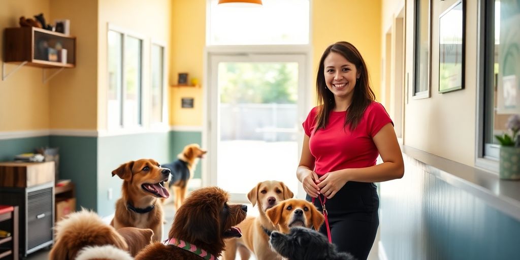Happy dogs playing at a modern daycare facility.