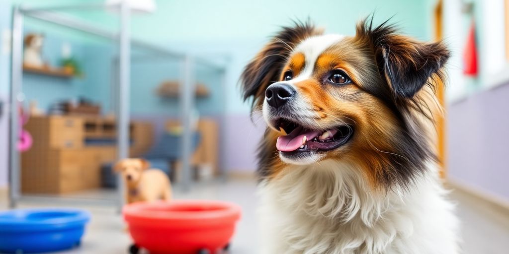 Smiling dog in a clean, modern daycare.