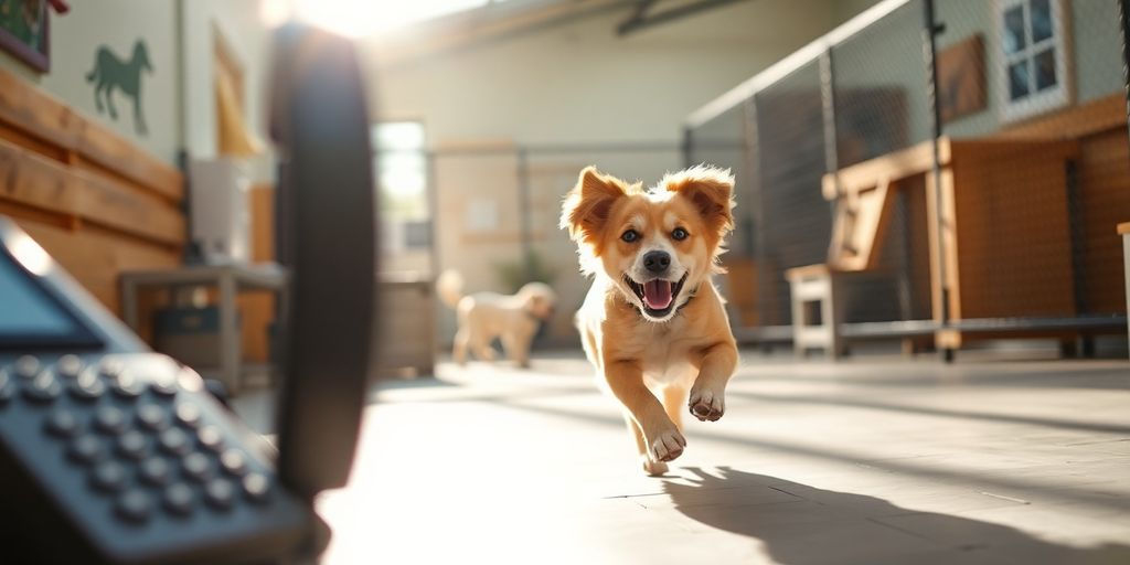 Happy dog enjoying daycare while phone rings.