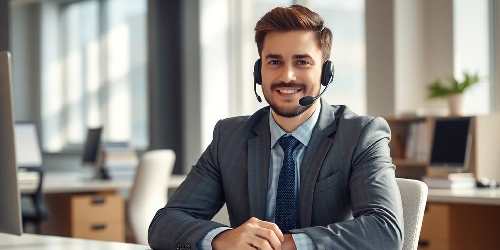 Insurance professional using a modern headset and smiling.