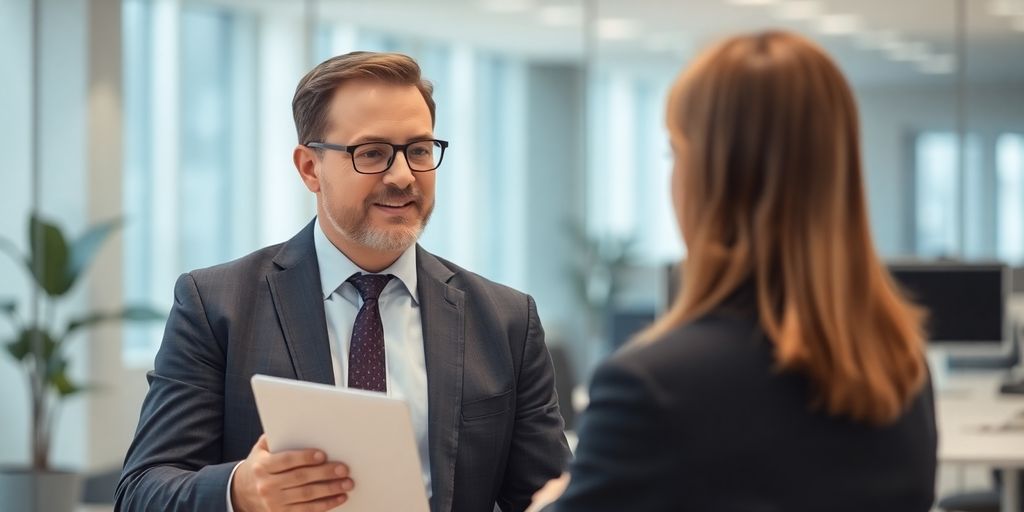 Insurance broker talking on phone with blurred office background.