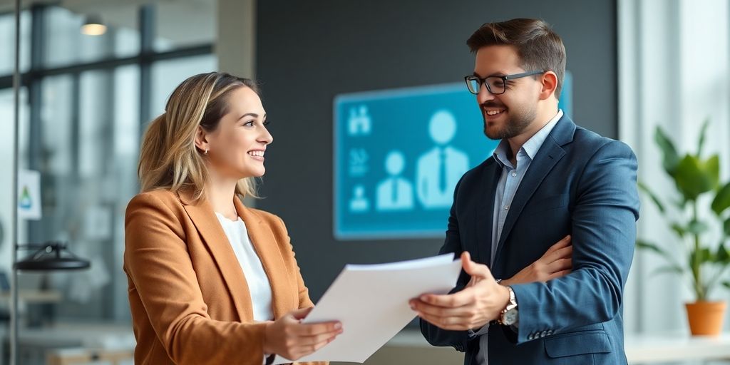Insurance broker smiling with a virtual receptionist.