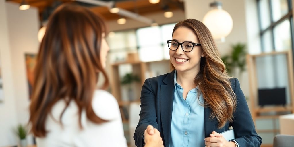 Real estate agent happily interacting with a client.