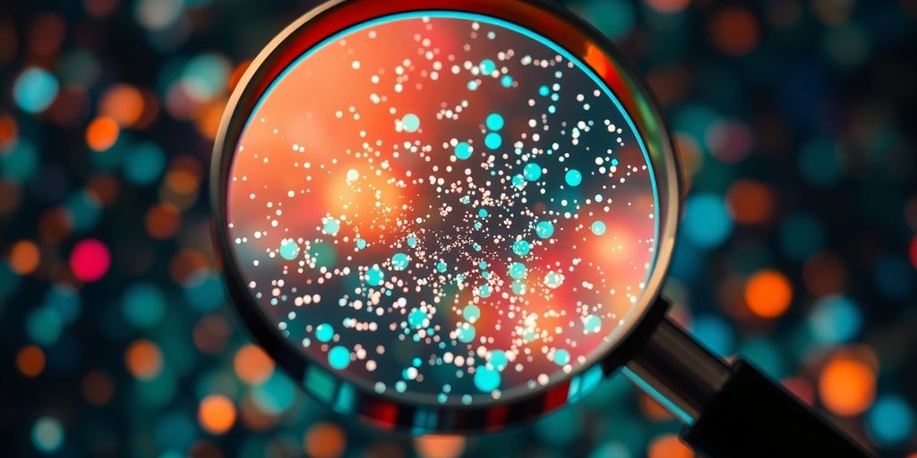 Magnifying glass revealing glowing keywords.