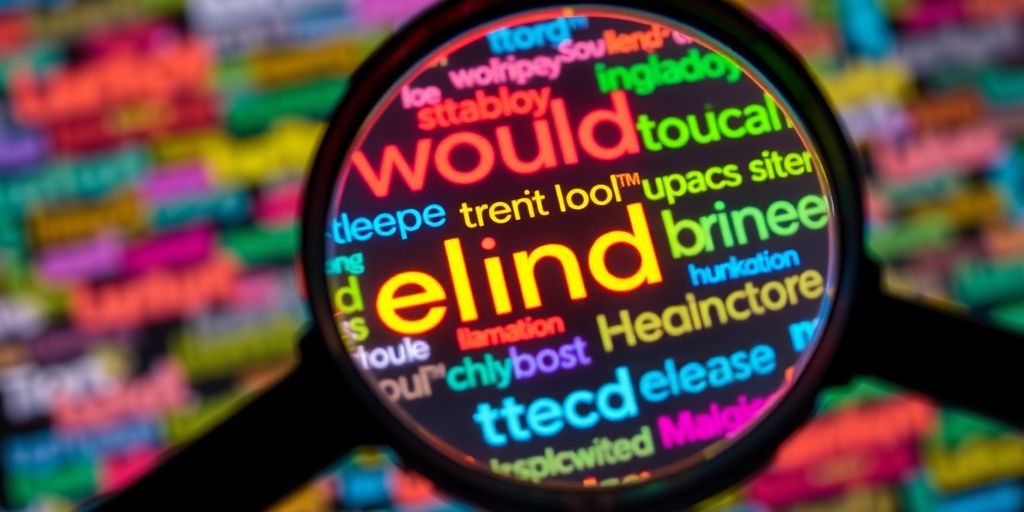 Magnifying glass over a cluster of luminous word bubbles.