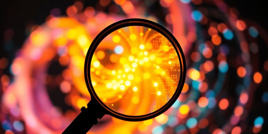 Magnifying glass over digital information.