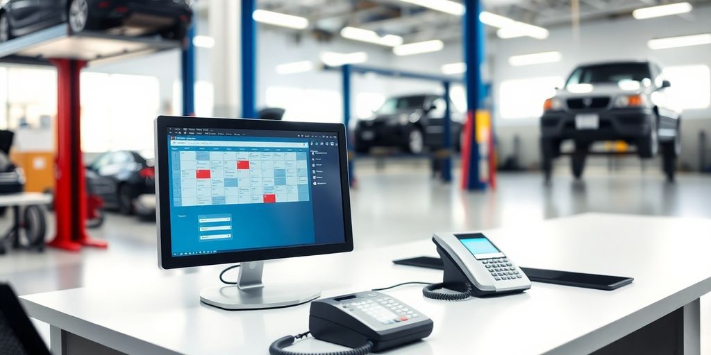Auto repair shop interior with computer screens.