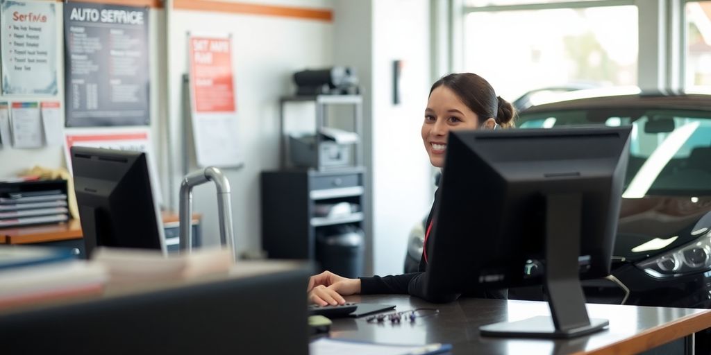 Mechanic talking on phone at clean auto shop desk.