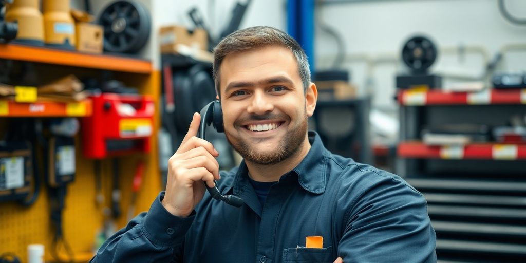 Mechanic talking on phone in auto repair shop.
