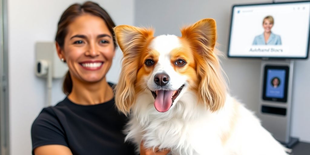 Happy pet owner and groomed dog with virtual receptionist.
