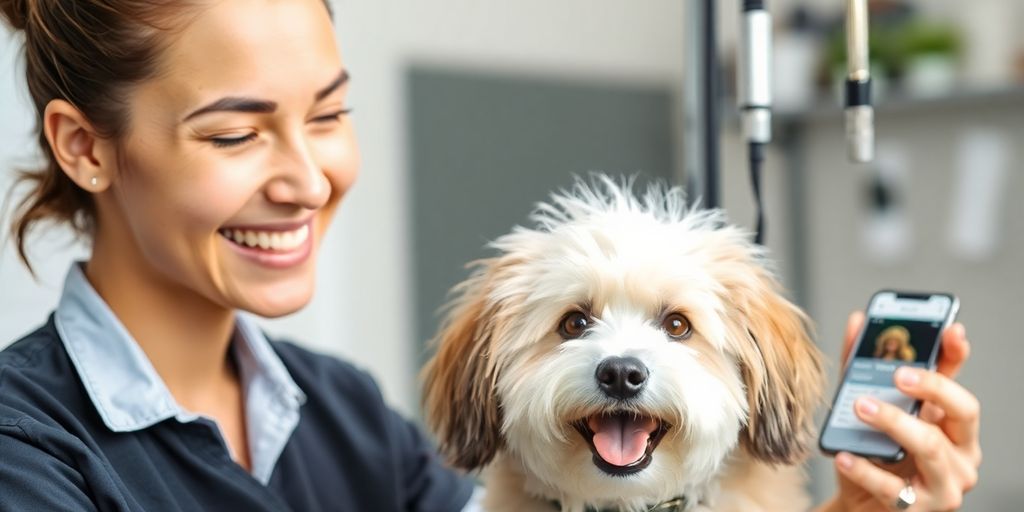 Groomer petting happy dog while phone rings.