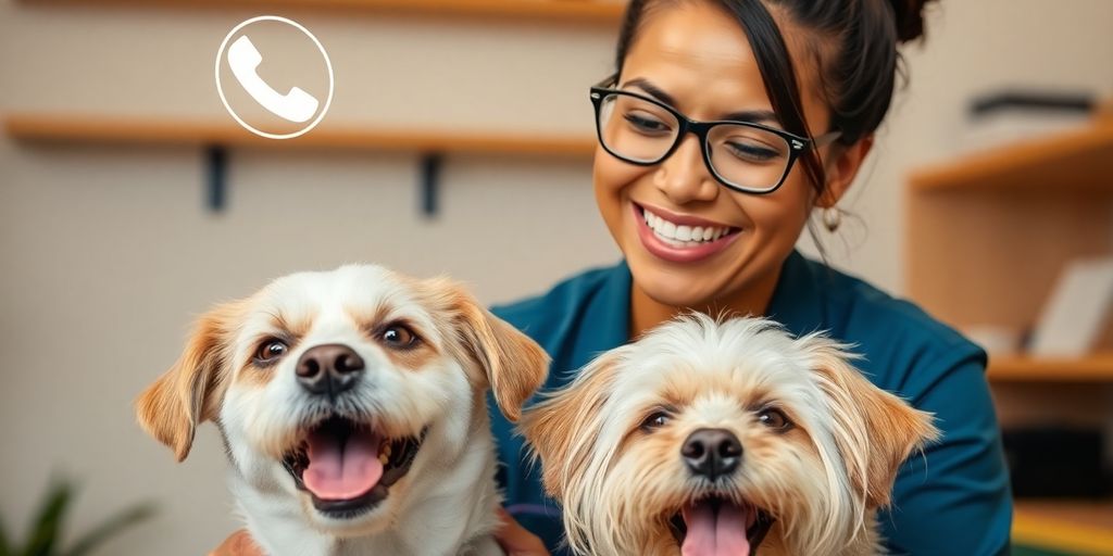 Pet groomer interacting with happy dog, phone call icon.