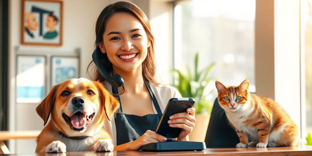 Happy dog and cat near a smiling receptionist.