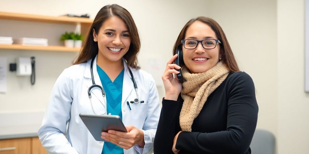 Veterinarian smiling while talking on phone with client.