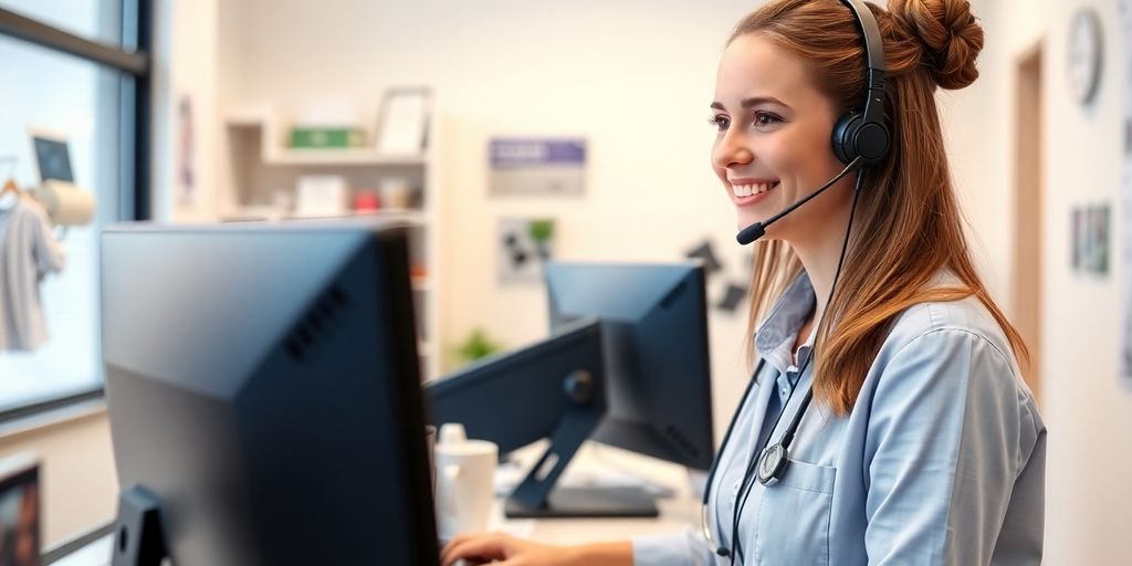Veterinarian smiling while talking on a headset.