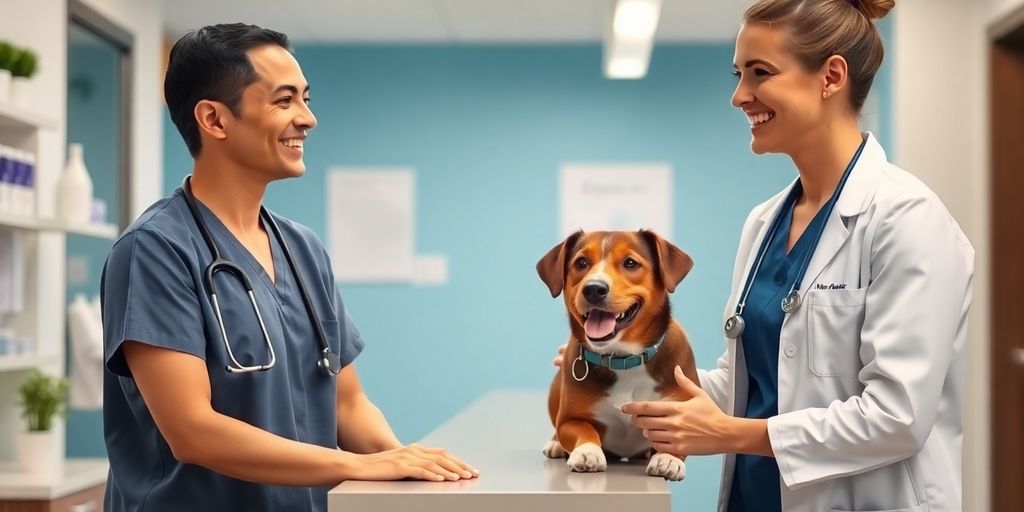 Veterinarian and receptionist collaborating in a bright clinic.