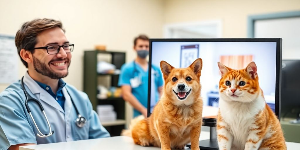 Veterinarian and receptionist working together with pets.