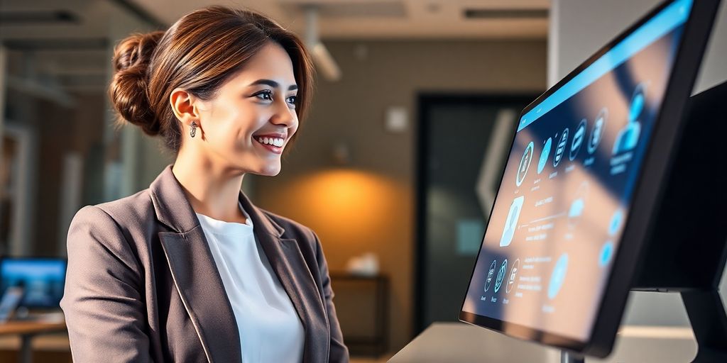 Businesswoman interacting with a modern AI receptionist.