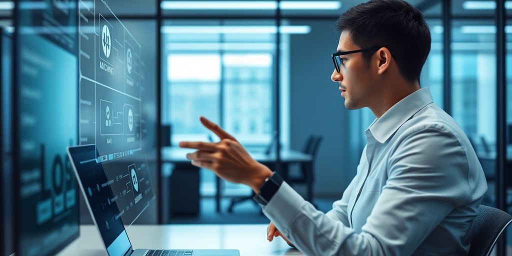 Modern office with a person interacting with a sleek AI receptionist interface.